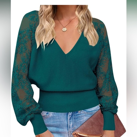 merokeety Sweaters - Teal v neck lace long sleeve, knitted top - size S NWT